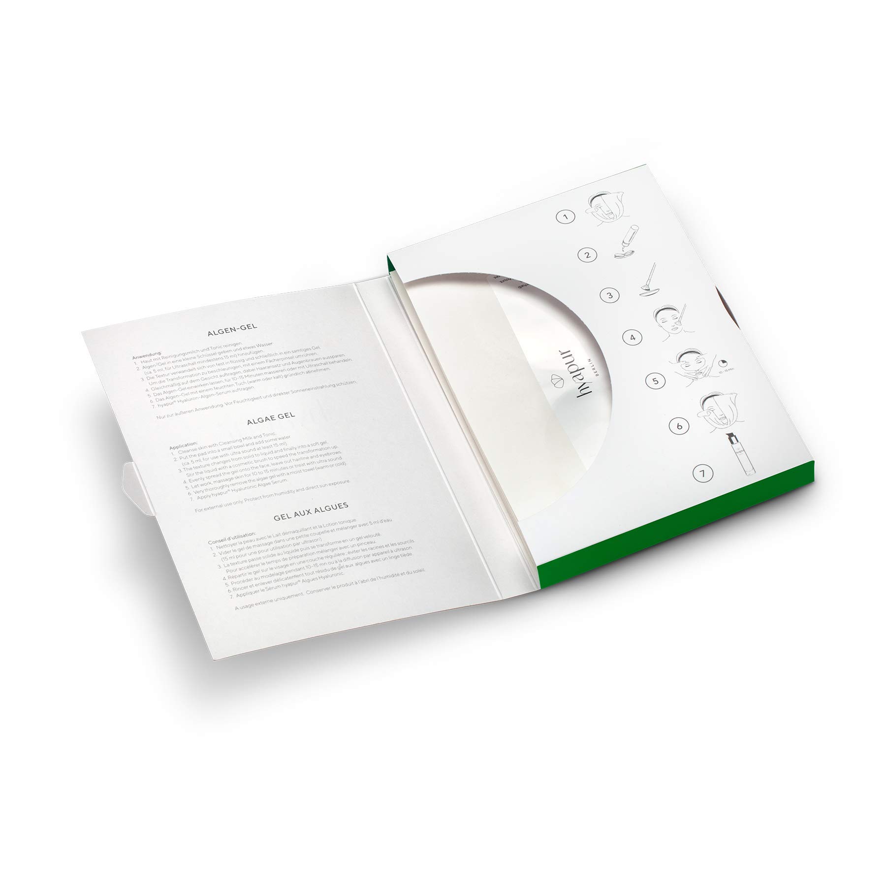 Algen-Gel mit Detox-Effekt für klare, reine und ebenmäßig aussehende Haut, für Gesicht, Hals und Dekolleté, 10 Pads zum Auflösen - von hyapur® Berlin