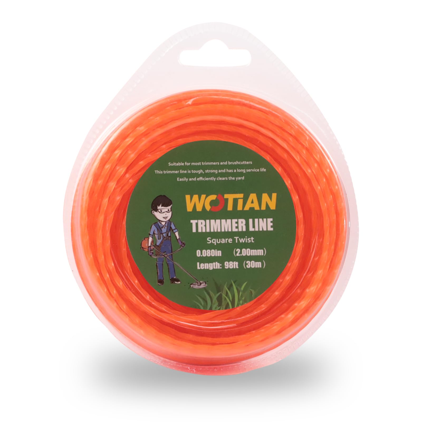 WOTIAN Nylon Grass Trimmer Line Rope Grass Weed Trimmer String Line 0.080"/2.00 mm Square 98ft 30m for Park Garden