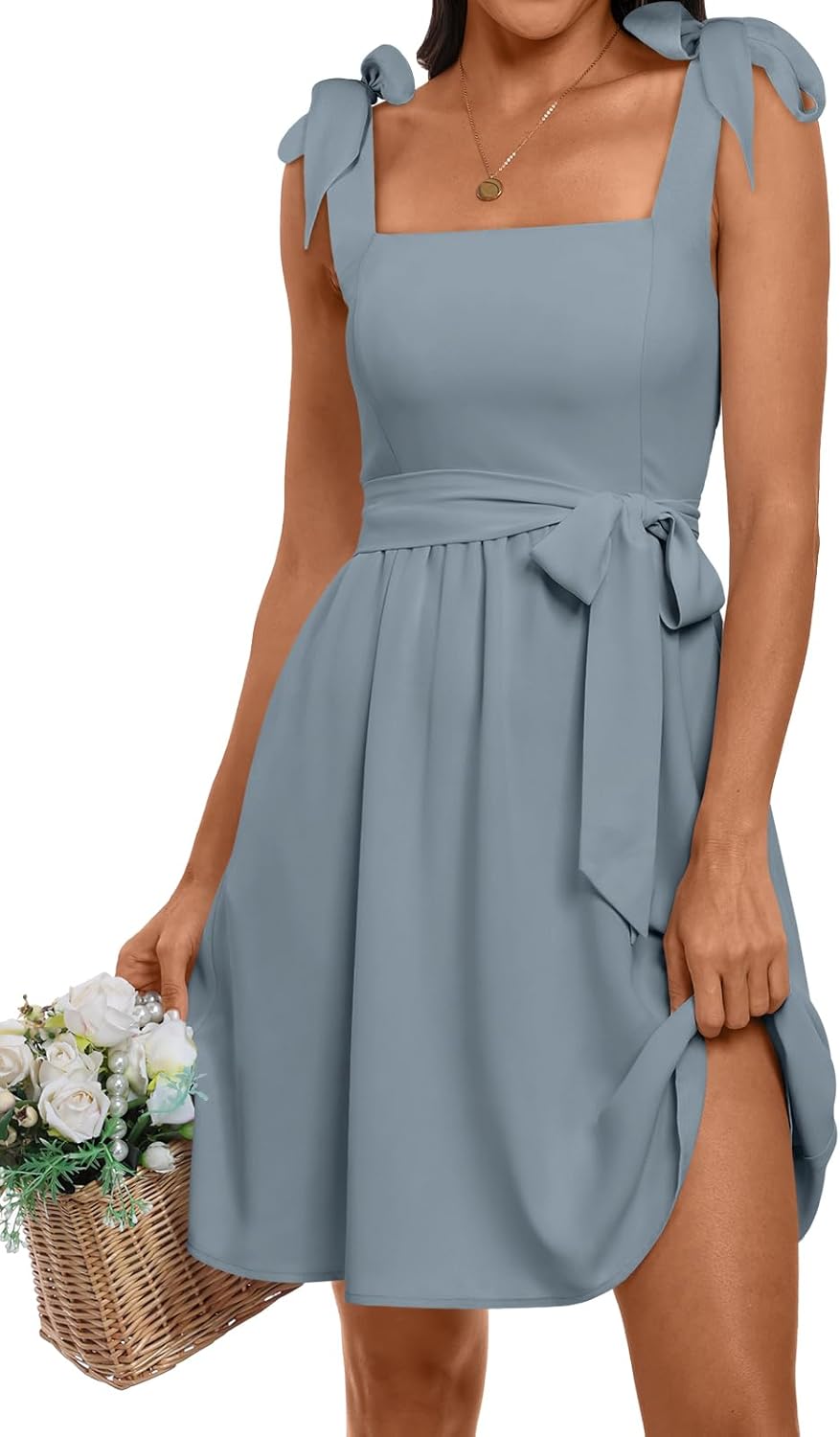 ANRABESS Women's Sleeveless Tie Strap Mini Dress Summer Square Neck Smocked A Line Swing Elegant Cute Cocktail Short Dresses