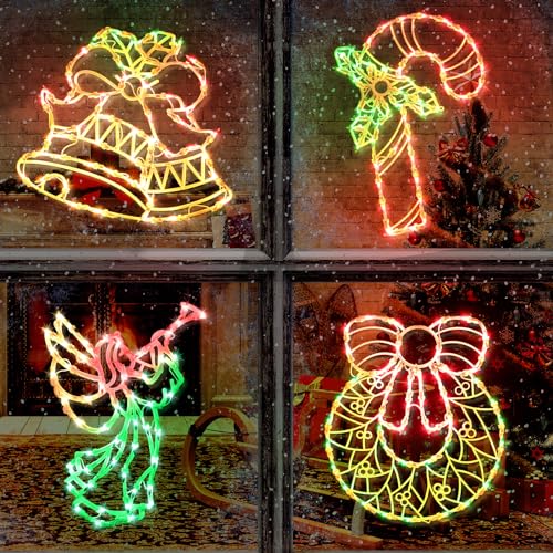 Christmas Window Silhouette Lights Decorations - Pack of 4 Sign Colour Lighted Wreath, Candy Cane, Bell, and Angel for Holiday Indoor Wall Door Glass Decor