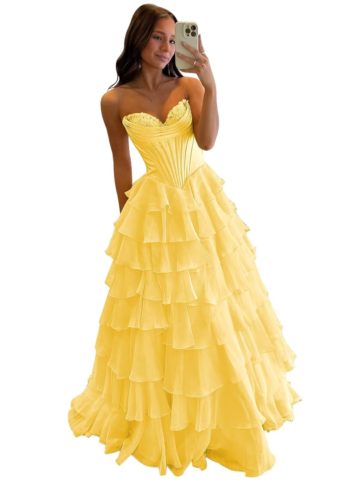 Strapless Corset Prom Dresses for Women 2025 Long Tiered Ruffle Chiffon Formal Evening Gowns with Slit