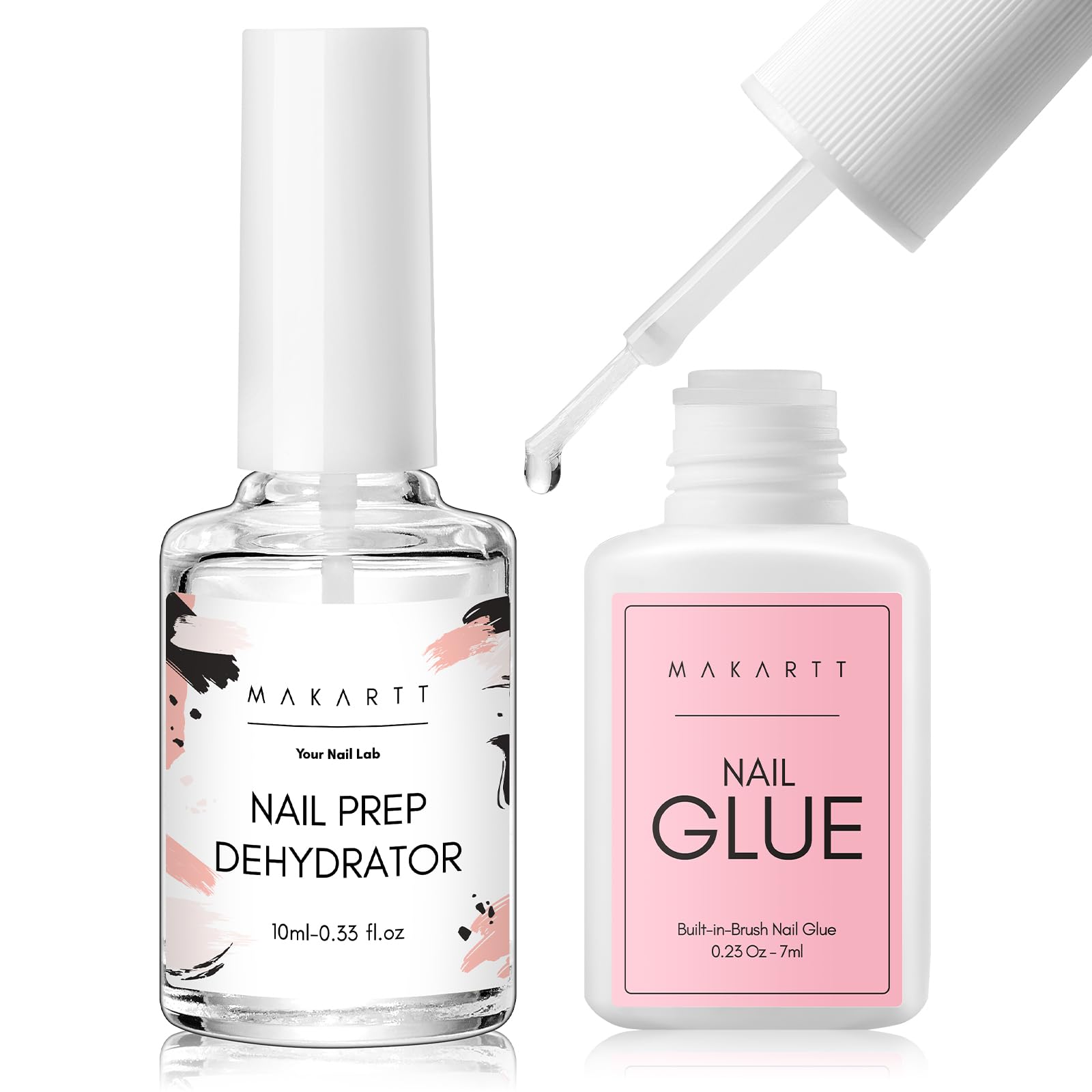 Makartt Nail Glue and Nail Dehydraor Set, 7ML Brush on Nail Glue for Press on Nails and Fake Nails, 10ML Acid Free Nail Prep Dehydrator for Nail Surface Cleaning for Better Adhesion Easy Manicure
