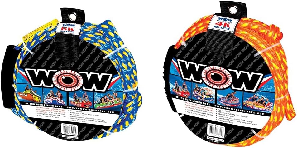 WOW Sports 6k and 4k 60 ft Tow Ropes with Foam Buoys for 1-4 Person Boating
