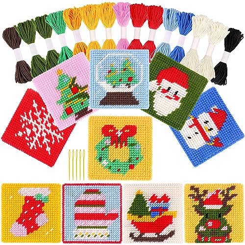 Pllieay Kit de Navidad 10 en 1 punto de cruz para principiantes para niños, 10 patrones diferentes, 10 lienzos de plástico impresos para costura, juego de costura de inicio de punto de aguja
