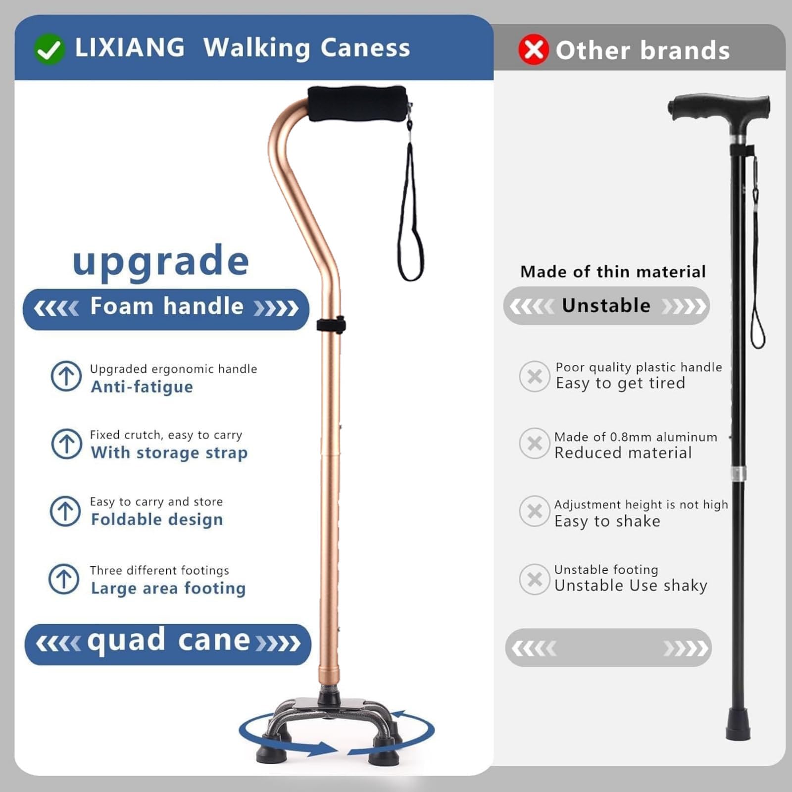 LIXIANG Bastones para caminar Stablize para mujeres, bastones cuádruples para personas mayores y adultos, plegables, ajustables, para hombres y mujeres, bastón independiente resistente para personas