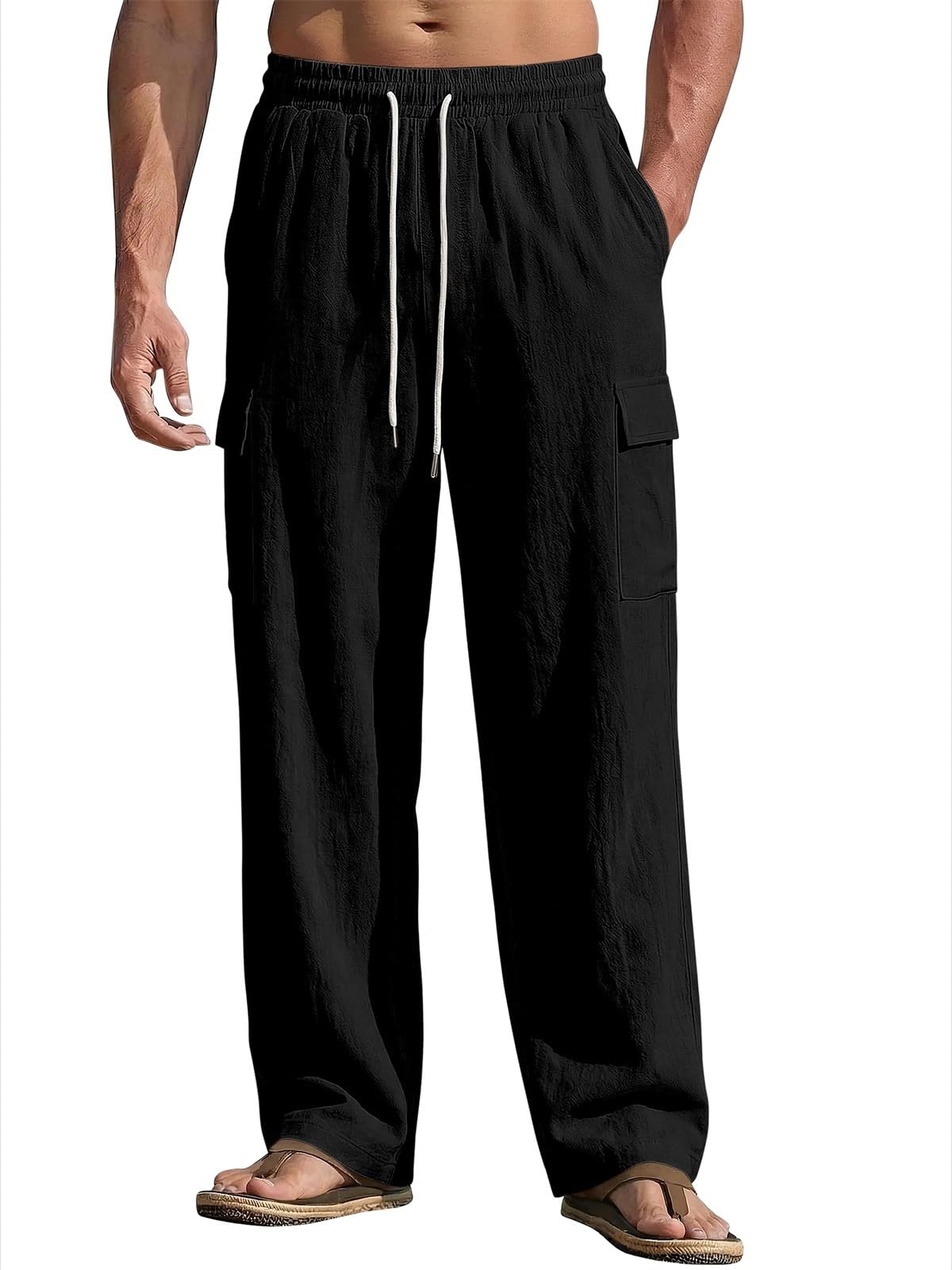 Mens Linen Pants Casual Summer Beach Pants Lightweight Elastic Waist Drawstring Cargo Yoga Trousers with Pockets