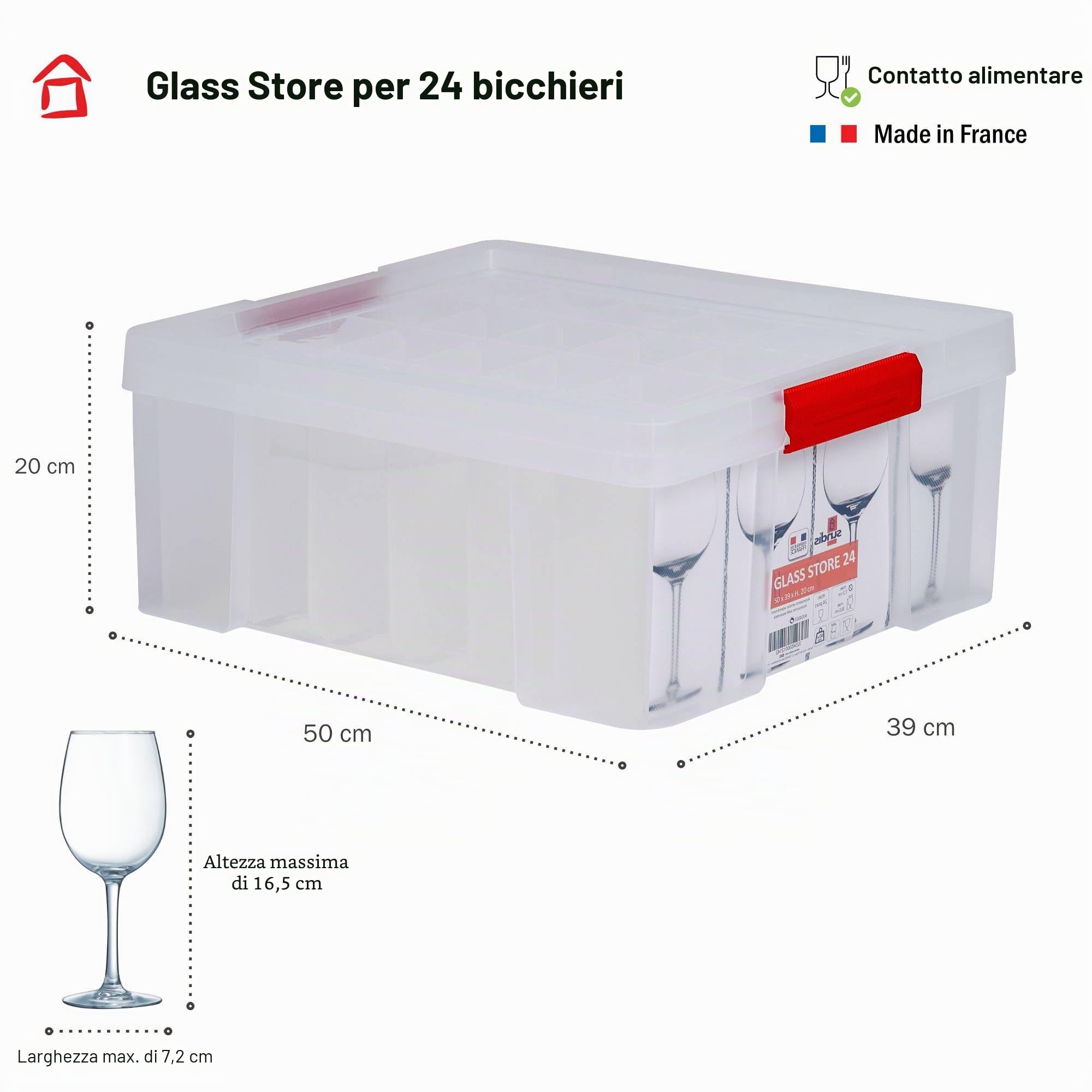 SUNDIS Glass Store, 3 scatole portaoggetti bicchieri, con coperchio a clip | Capacità 24 bicchieri, altezza mas. di 16,5cm, in plastica trasparente, rinforzata, pareti diritte, impilabili e combinabili