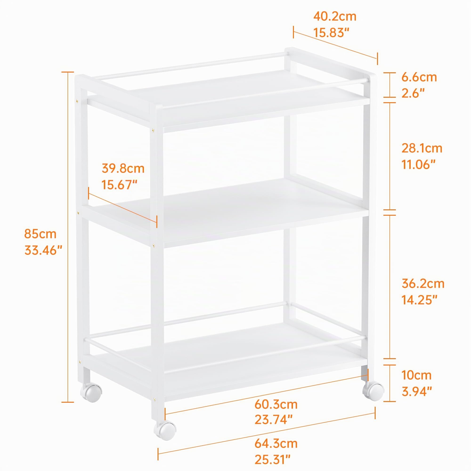 HITNET Chariot de Bar Blanc, Desserte pour Boissons, Chariot de Service à 3 Niveaux sur roulettes, Chariot de Cuisine Roulant pour la fête à la Maison