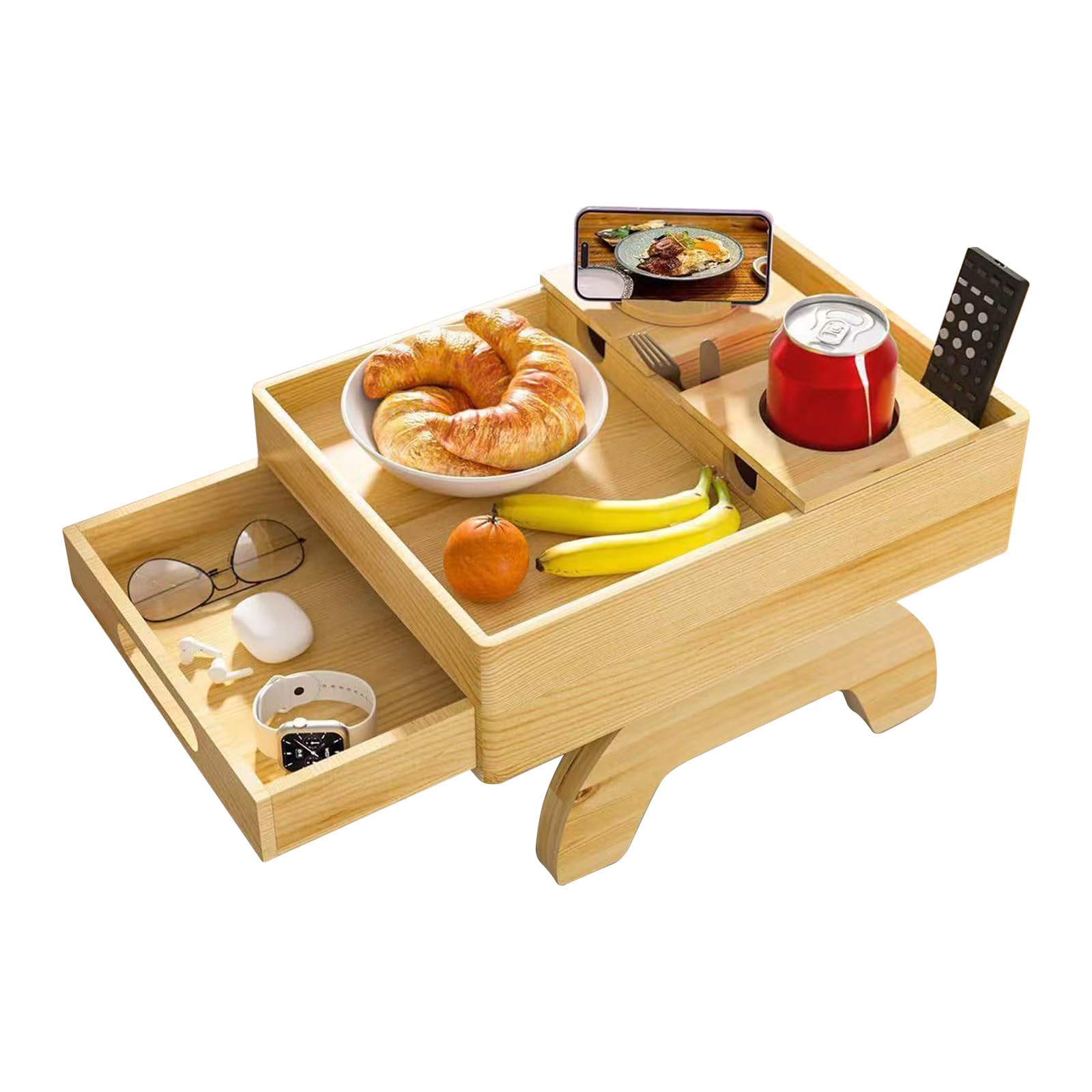 Sofa Arm Tray with Drawer & Rotating Phone Holder,Wood Couch Cup Holder