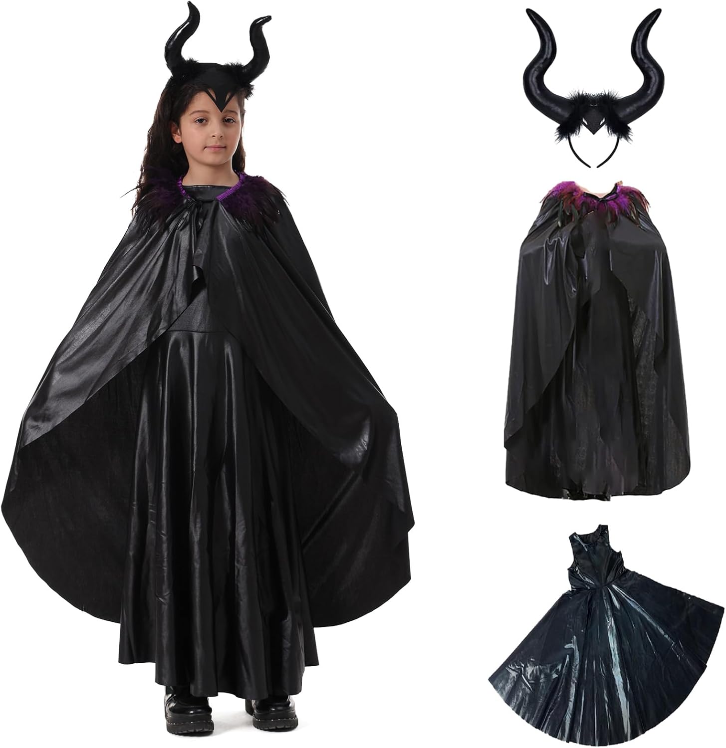 3Pcs Halloween Costume Kids Evil Queen Devil Dress with Horned Headband Cloak for Girls Party Outfit Cosplay Medium