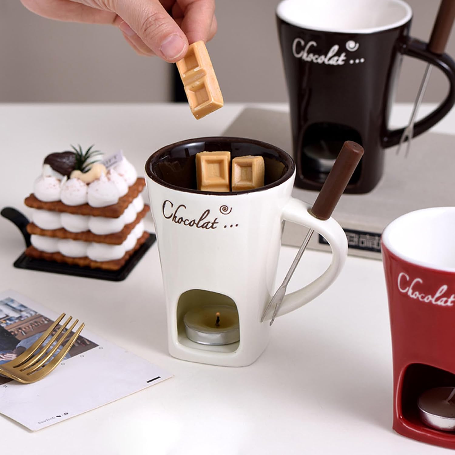 Ceramic Chocolate Fondue Set Mug with Fork, Heat Resistant Sturdy Fondue Pot for Melting Chocolate, Cheese & Butter, 8.26 Inch, Red/Coffee/White (Red)