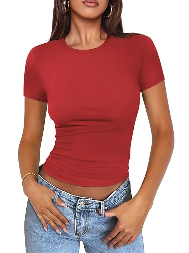 MIROMIHO Womens T Shirts Modal Breathable Basic Scoop Neck Short Sleeve Crop Tops Cute Summer Tops Slim Fit Y2k Tees - Small - Red