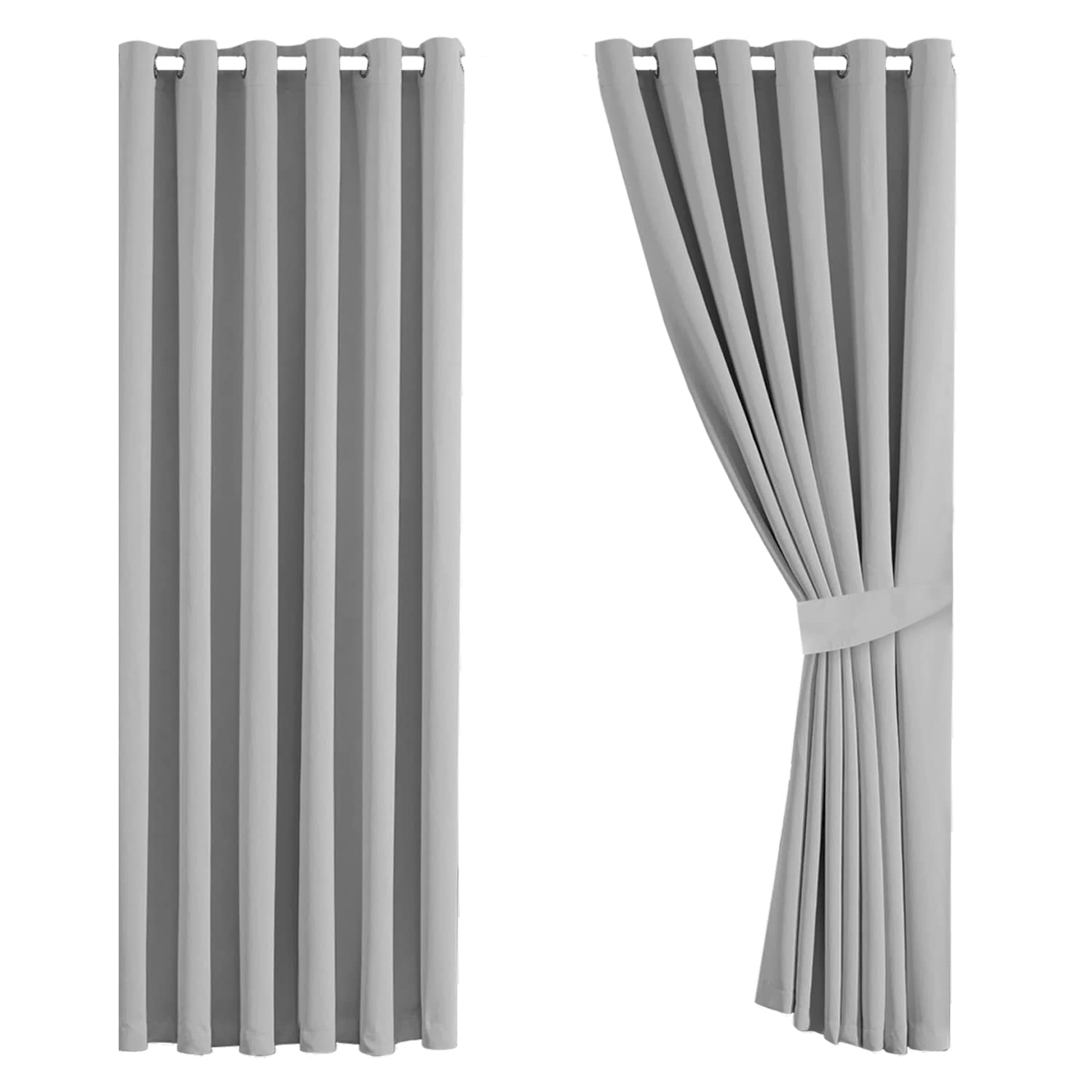 Aspire Homeware Blackout Curtains for Living Room - Light Grey Eyelet Curtains Bedroom Super Soft Window Treatments Ring Top Curtain with Tiebacks 66 x 72 Inch, 2 Panel