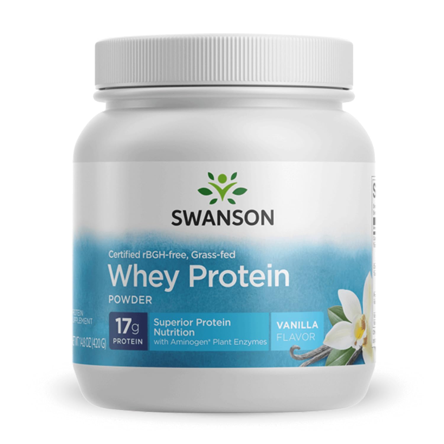 Swanson Grass Fed Cold Pressed Certified rBGH Free Hormone Free Vanilla Whey Protein Powder with Aminogen Enzyme Sports Nutrition Muscle Workout Support 14.8 Ounces (420 g)