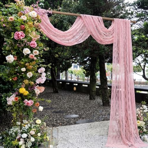 Image of HunnmingRe Pink Wedding Arch Draping Fabric Summer 2 Panel 30 inch X18ft Lace Wedding Arch Drapery Embroidered Boho Rustic Backdrop Vintage Decor for Bridal Shower Church Ceremony Decoration (Pink)