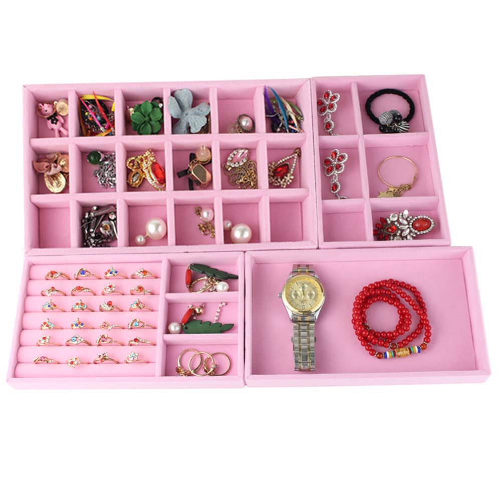 Homarket Set of 4 Stackable Jewelry Organizer Trays for Drawers, Jewelry Display Case Storage Container for Earring Necklace Rings Bracelet with Removable Dividers (pink)