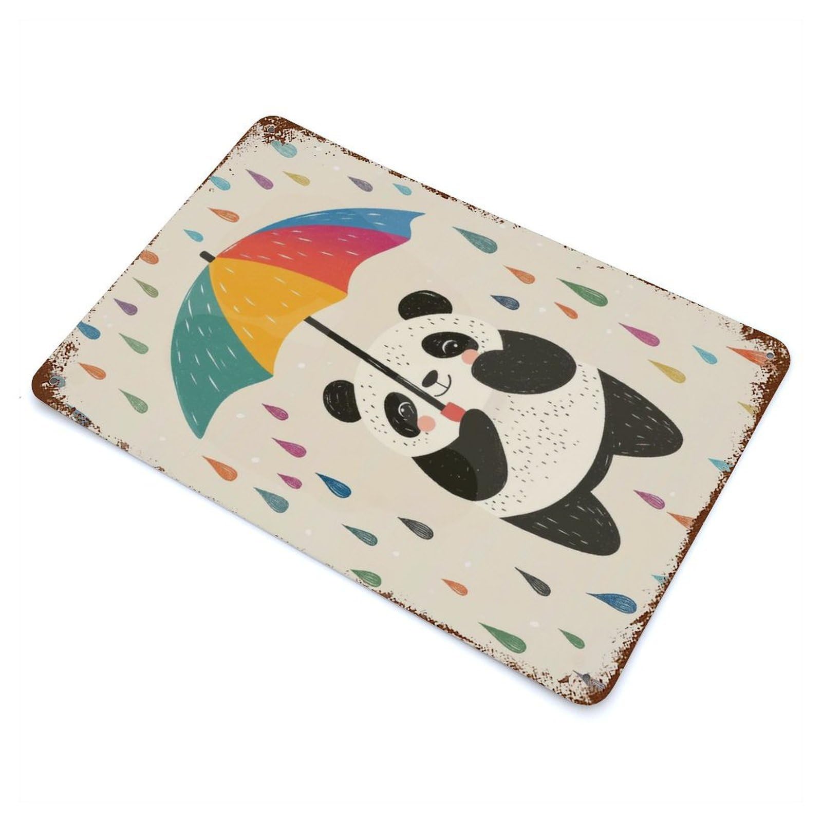 Panda with Umbrella in Rain Vintage Wall Sign 11.8"x7.9", Rust Effect Metal Decor for Farmhouse, Kitchen And Entryway Decor