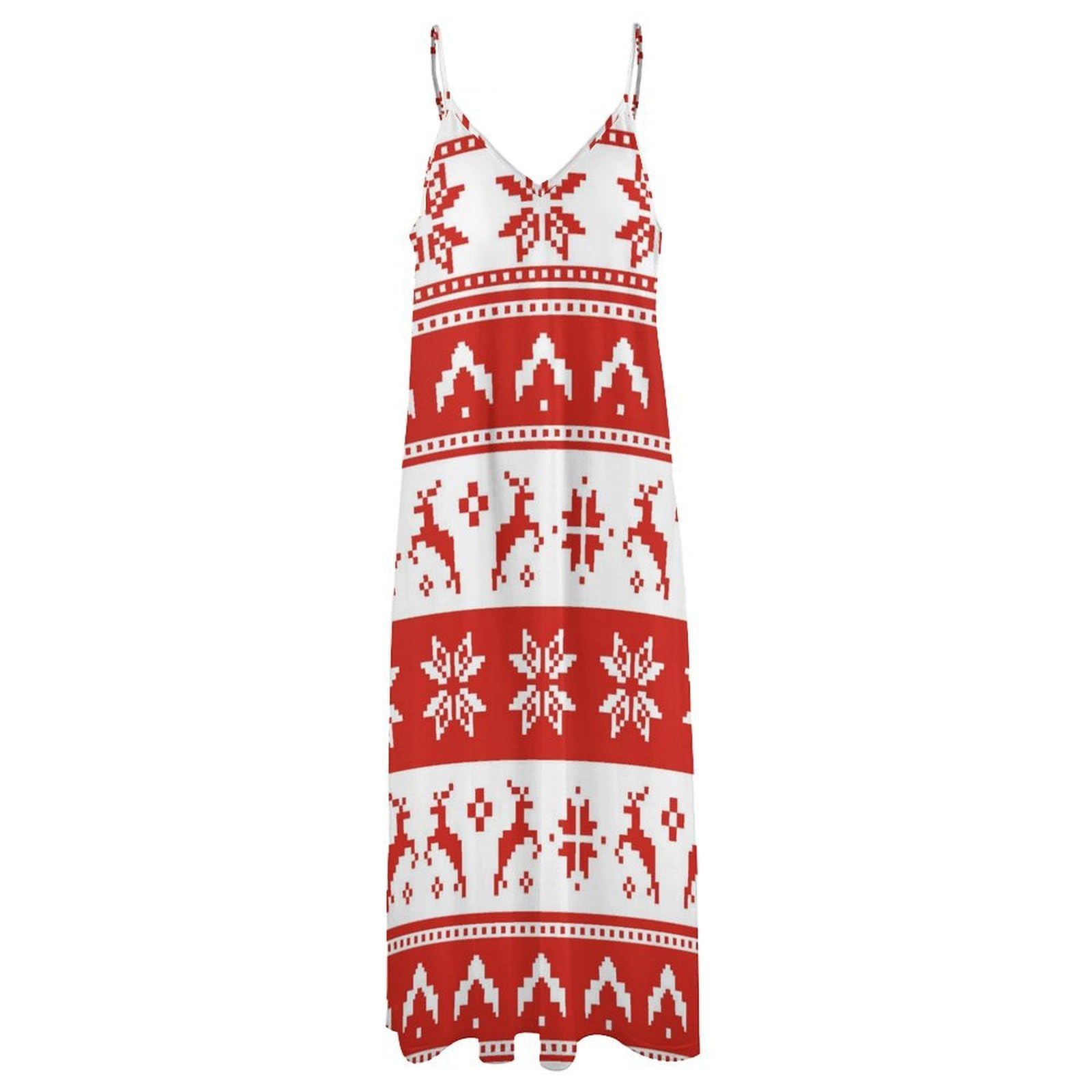 Abito estivo da donna, lungo, motivo albero di Natale, scollo a V, spalline sottili, abito da spiaggia