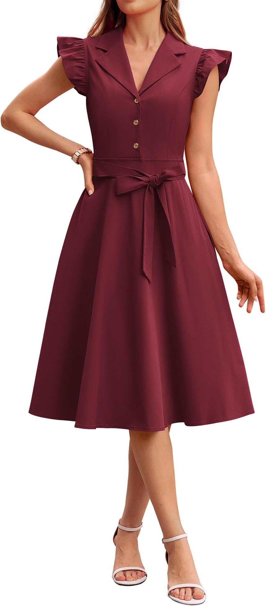 – Women Summer Dresses Ruffle Sleeve Lapel Collar Midi A Line Dress with Belt