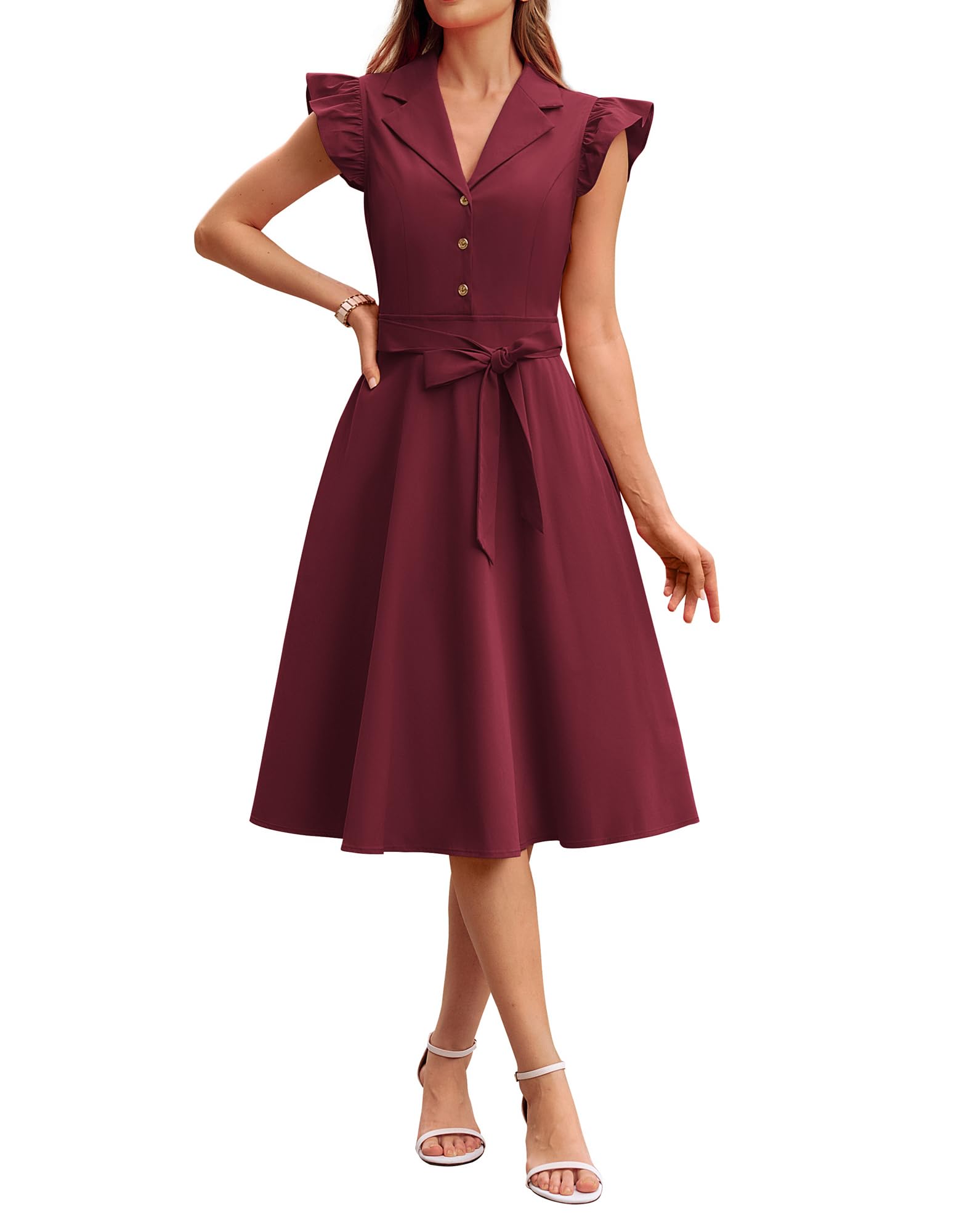 Women Summer Dresses Ruffle Sleeve Lapel Collar Midi A Line Dress with Belt