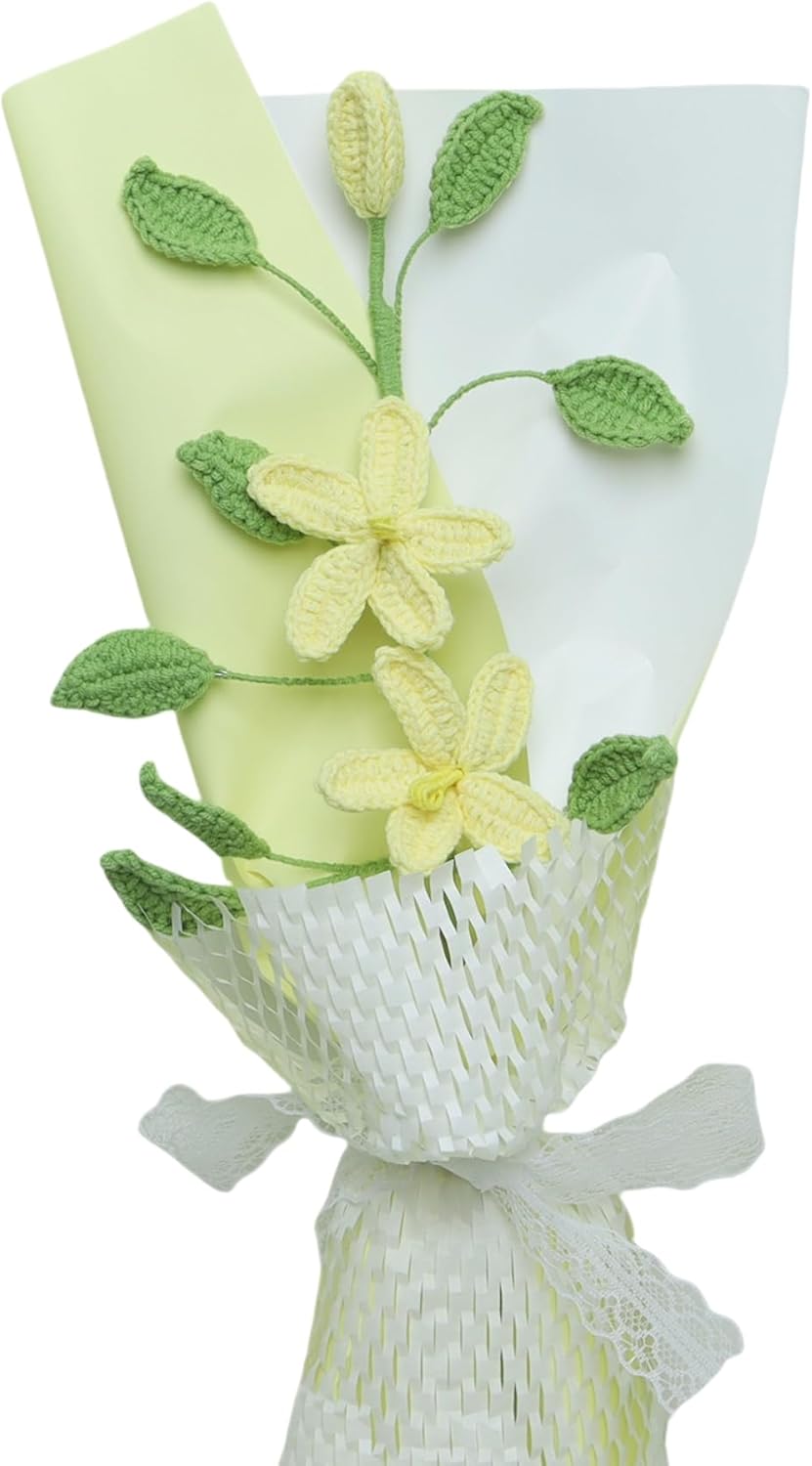 Hand Crochet Jasmine Bouquet, Knitted Rose Bouquet, Crochet Flower Bouquet, Valentine's Day Gift, Birthday Gift (Pink and White Jasmine-3 Stems)