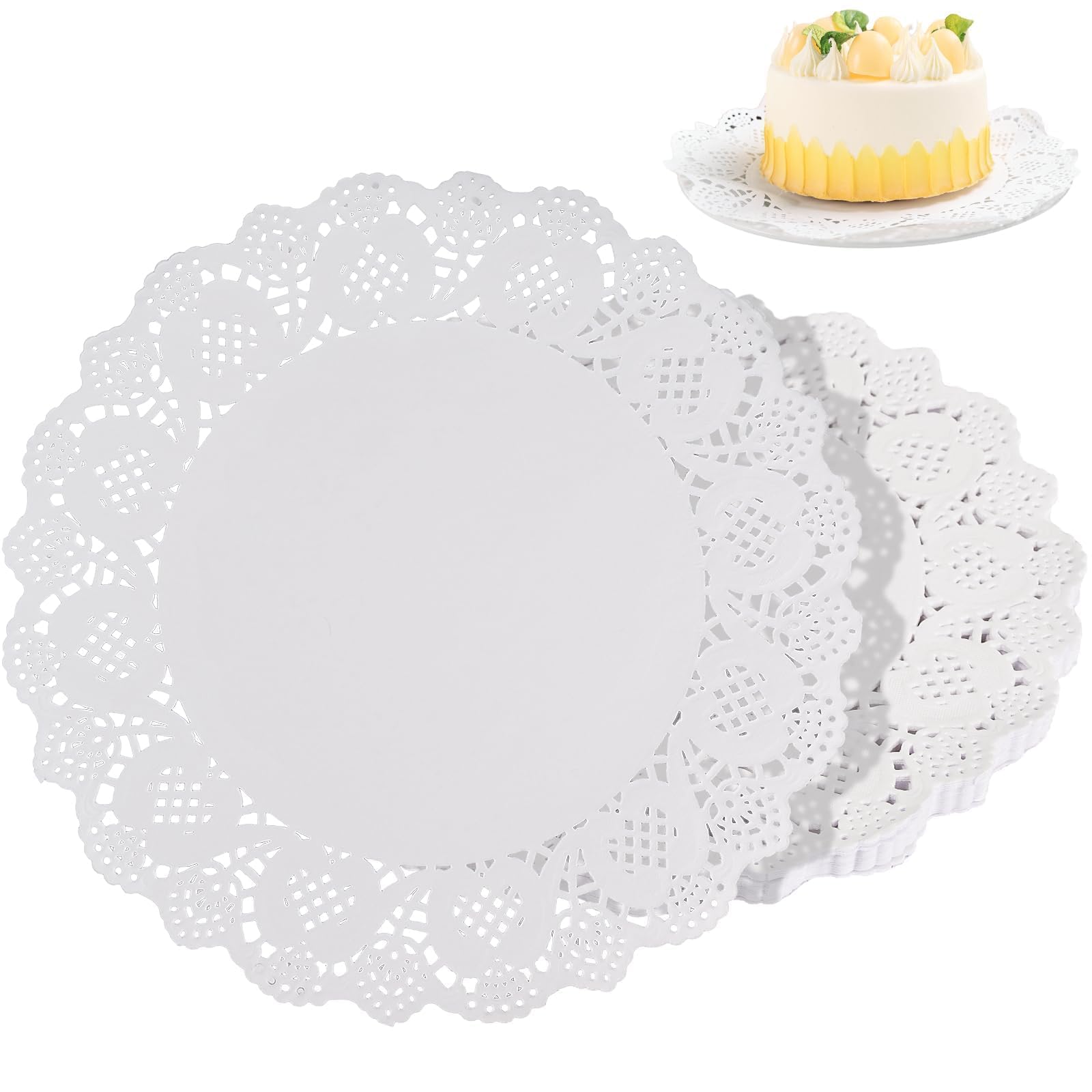 SWIUKPHE White Lace Paper Doilies, 8.5 inch Round Paper Doilies Disposable Paper Placemats for Wedding, Birthday, Cakes, Desserts, Tableware Food Decoration, 150Pcs