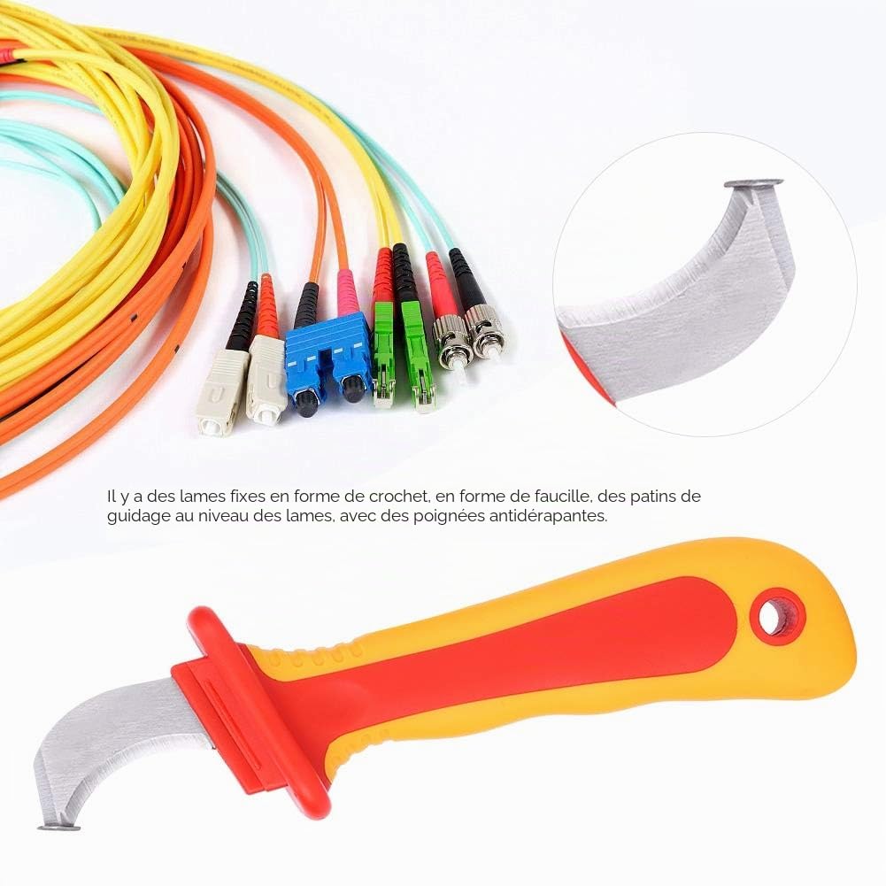 Couteau à Dénuder Électrique Rapide 1000V IEC60900 - Lame Crochet Fixe en Acier Inox, Poignée Antidérapante pour Dénudage et Coupe de Câbles - Électricien Professionnel (Rouge)