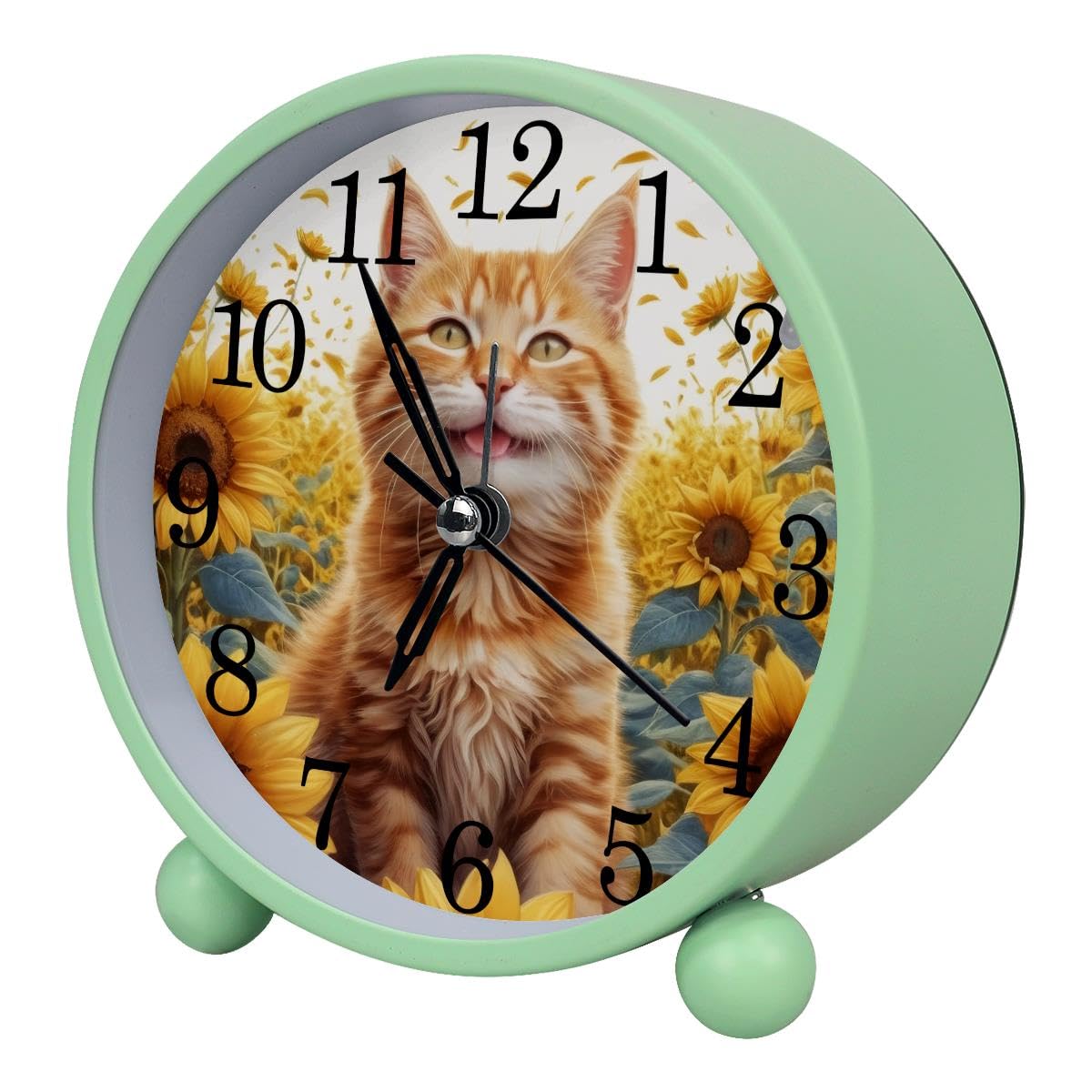Luoweisi Alarm Clock Cat Sunflower, Silent Non-Ticking with Night Light, Round Metal Alarm Clock for Office, Battery Operated, Bedroom, Elderly, Adults, Children, Student Gifts