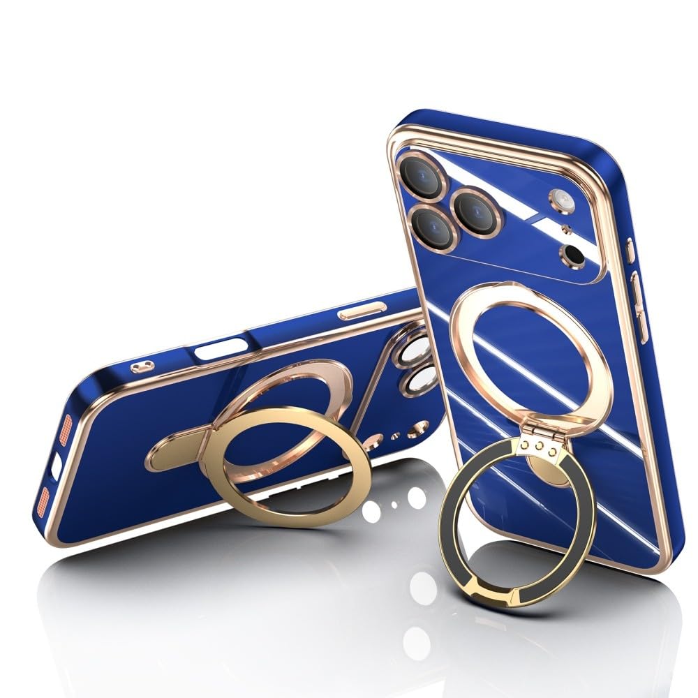 Generic Funda compatible con iPhone 15 Plus (color: azul oscuro) con anillo de metal magnético chapado en silicona