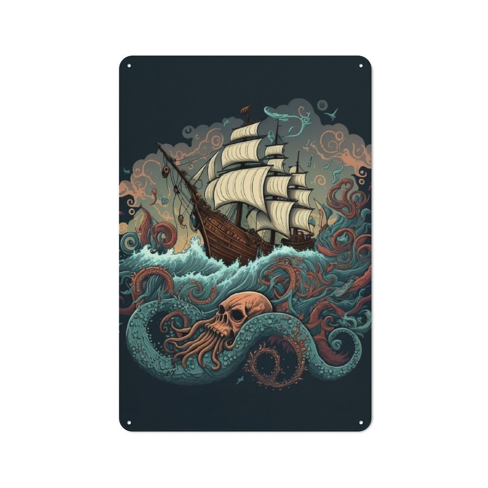 Junmoney Pirate Ship Octopus Tin Wall Plaque 30X20cm With For Workshop Wall, Suited To Workshop Decor Fans, For Retro Home Interiors