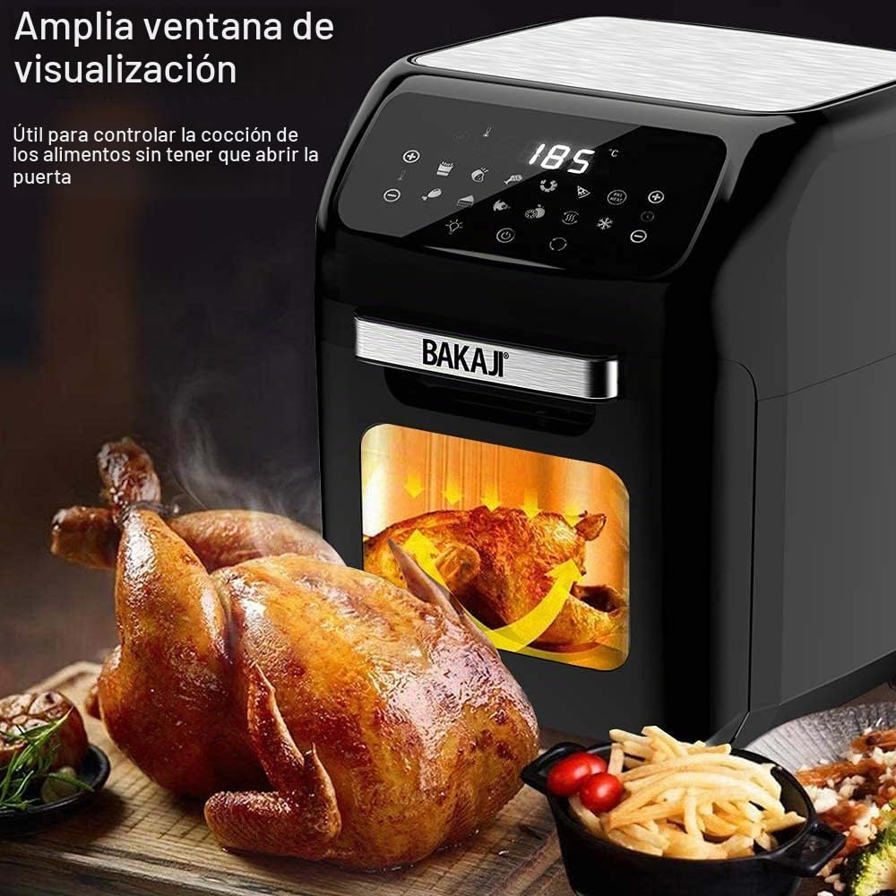 Bakaji Horno freidora de aire caliente para freír cocina parrilla seca sin aceite Airfryer capacidad 12 litros pantalla LED táctil 12 programas temporizador regulación temperatura potencia 1800 W
