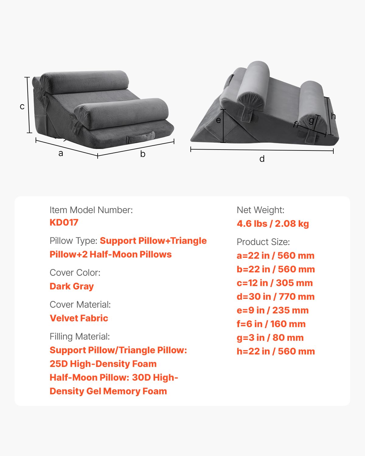VEVOR Coussin Incliné Lit, Oreiller Triangulaire Orthopédique Réglable, Rembourrage Mousse, Housse Lavable, Coussin de Lecture Lit pour Soulagement Reflux Acide, Soutien Dos, Jambes, Bras, Gris Foncé