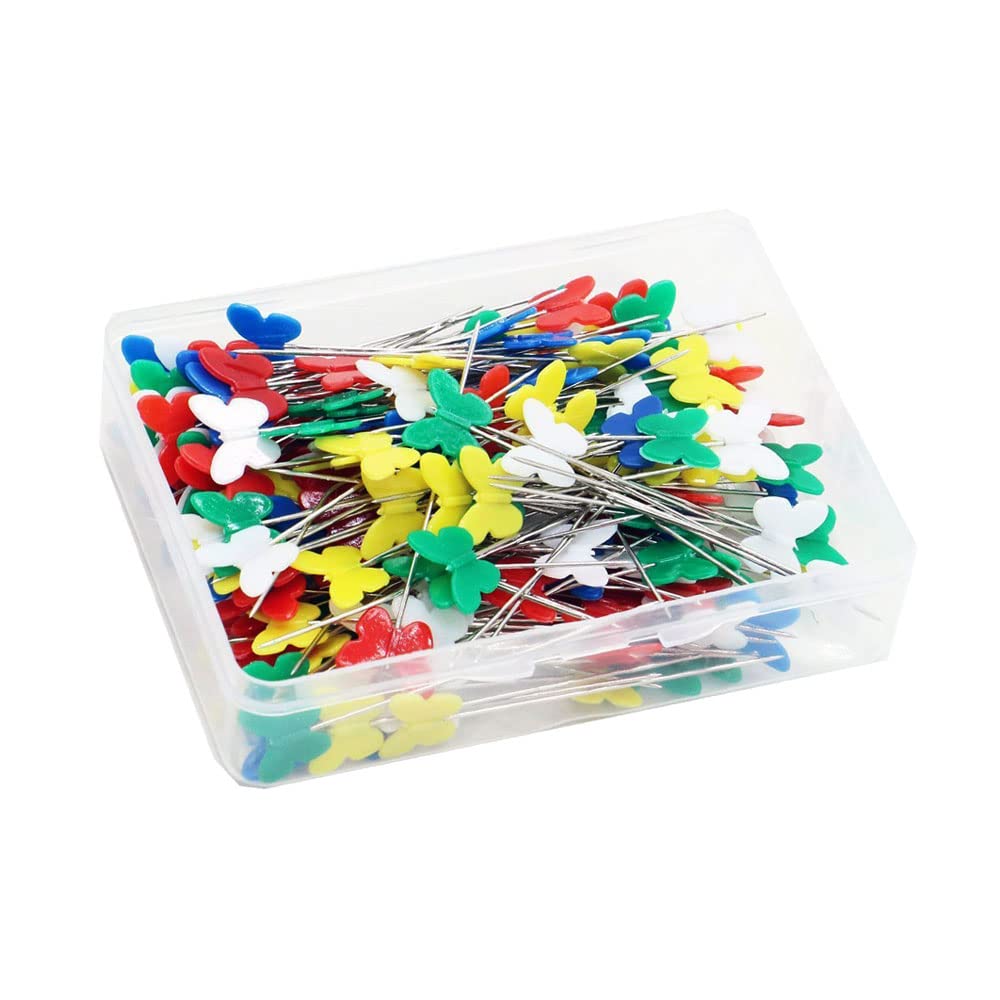 SagaSave 100 Spille Da Cucito Colorate Con Testine Decorative: Fiori, Farfalle, Papillon. In Scatola Portagioie