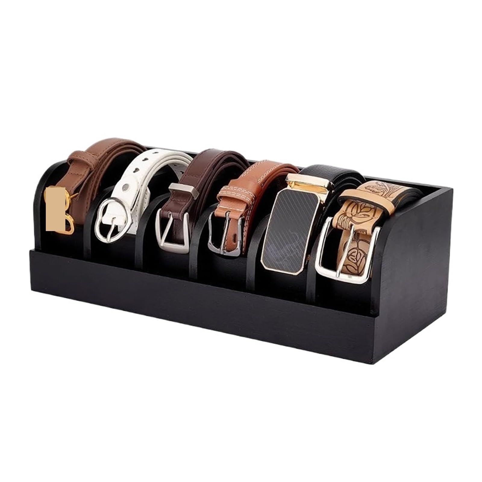 Belt Organizer Belt Organizer Box 6 Grids Wood Storage Rack for Closet & Drawer Space-Saving(Black)