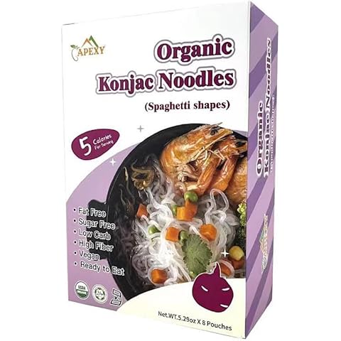 Apexy Organic Shirataki Konjac Noodle 8 Pouches Total 42.24oz. Low Calorie, Low-Carb Gluten Free, Vegan, Keto and Paleo-Friendly. (Spaghetti Shapes) Cover