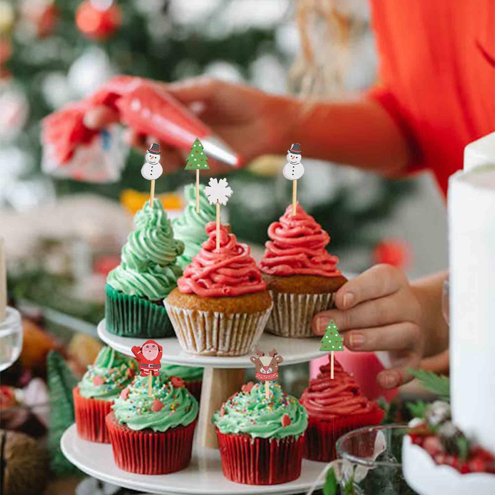 50 bastoncini da cocktail natalizi, Babbo Natale, pupazzo di neve, alce, in bambù, spiedini da cocktail in legno con ornamento per albero di Natale, stuzzicadenti per cupcake, dessert, stuzzicadenti