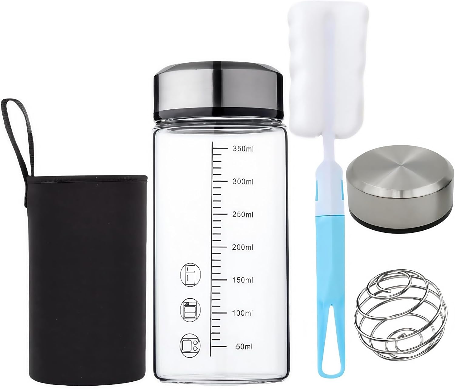 Glass Protein Shaker Bottle 12oz with Shaker Ball and 2 Stainless Steel Lids