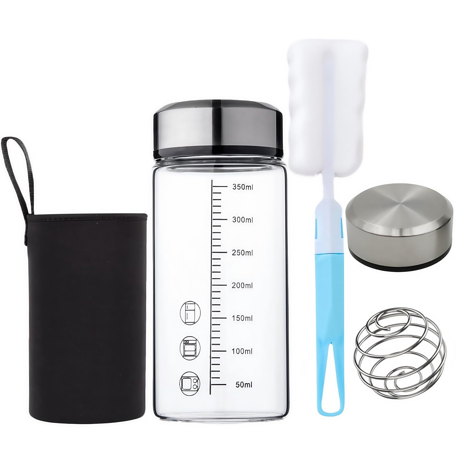 HENGFEI Glass Protein Shaker Bottle 12oz with Shaker Ball and 2 Stainless Steel Lids