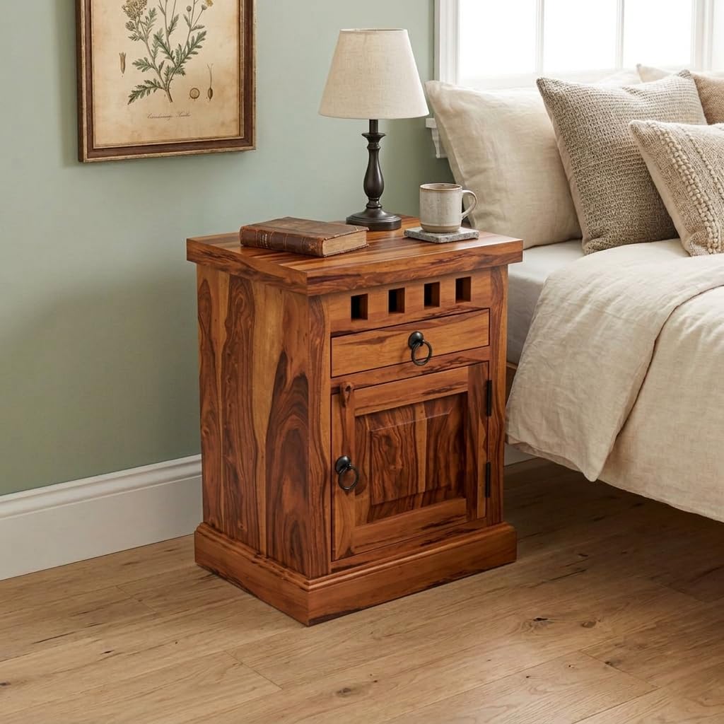 solid sheesham wood bedside table with 1 drawer & cabinet | kuber design nightstand | wooden side table for bedroom, living room, hotel & guest room | premium honey finish
