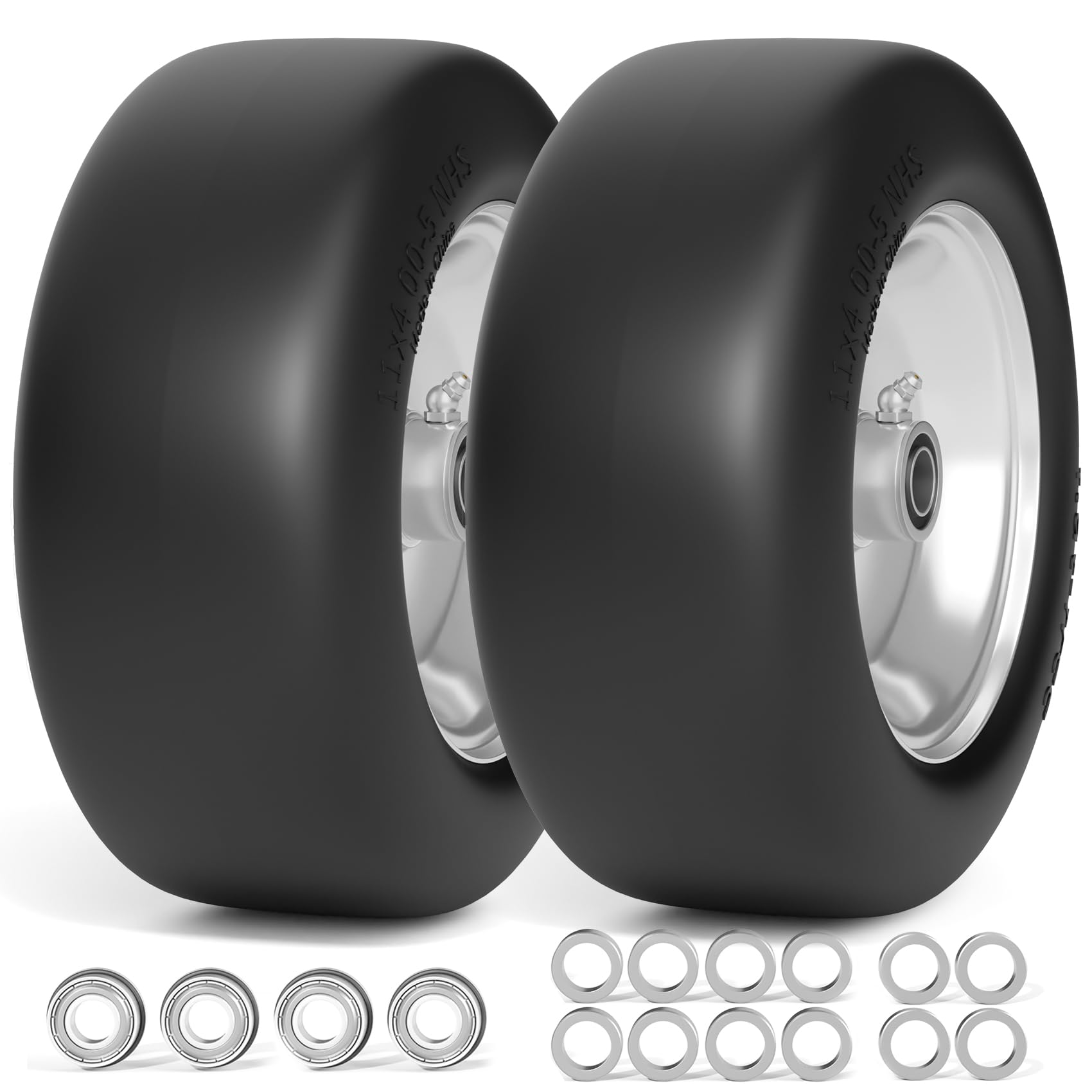 11x4.00-5 Lawn Mower Tires Flat Free, Zero Turn Mower Front Tires, 11x4-5 Solid Mower Wheel for Residential and Commercial, 3/4" and 5/8" Bearing, 3.4"-5" Center Hub, 2Pack Gray, 350Lbs