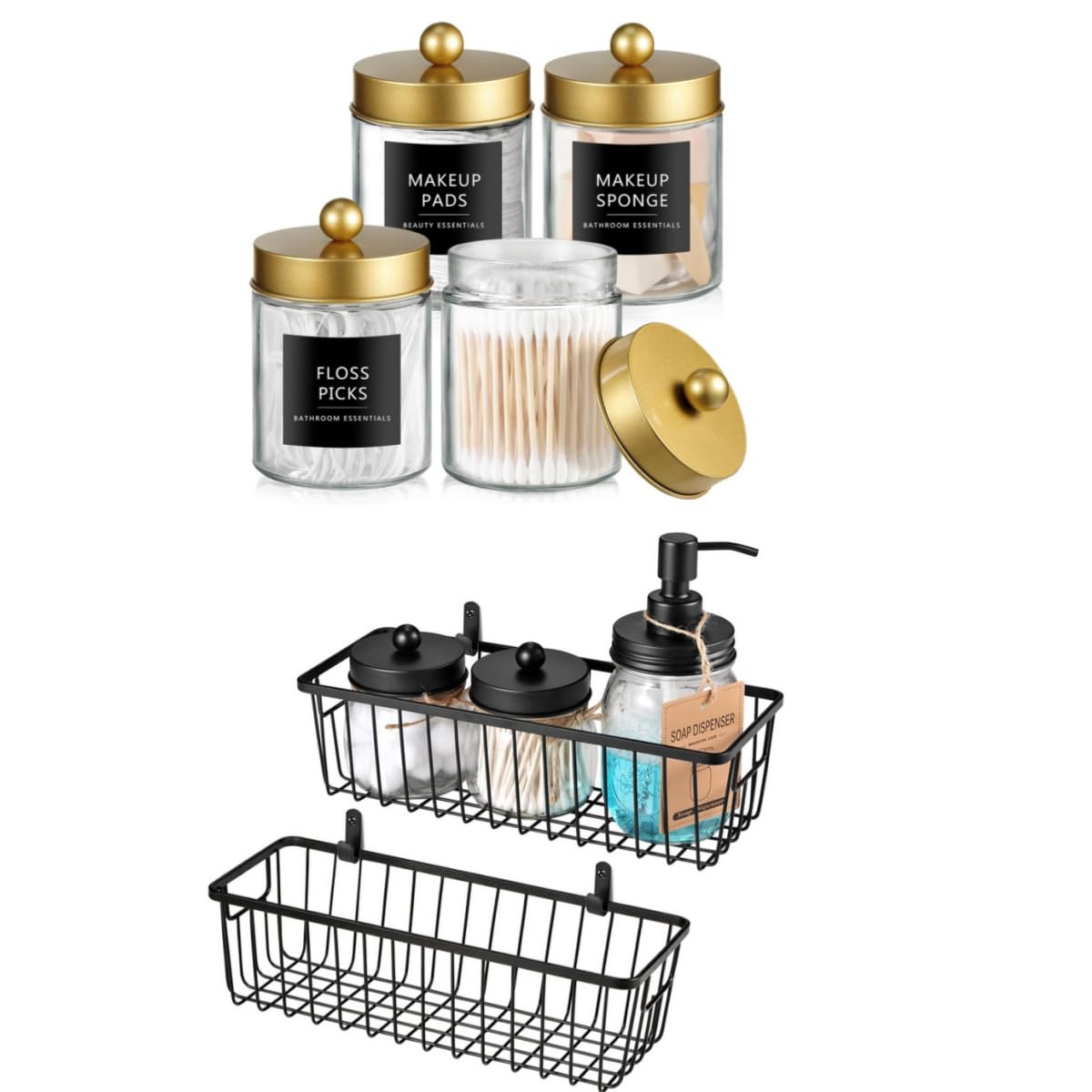 SheeChung Qtip Dispenser Holder 4pcs Glass Apothecary Jars with Gold Stainless Steel Lids Stickers Farmhouse Decor Metal Wire