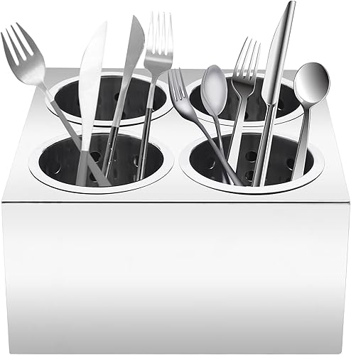 Miniatura 1 de BJTDLLX Portacilindros comerciales de 4 agujeros con tazas, 4 compartimentos de acero inoxidable cilíndrico, cubiertos para cubiertos y utensilios