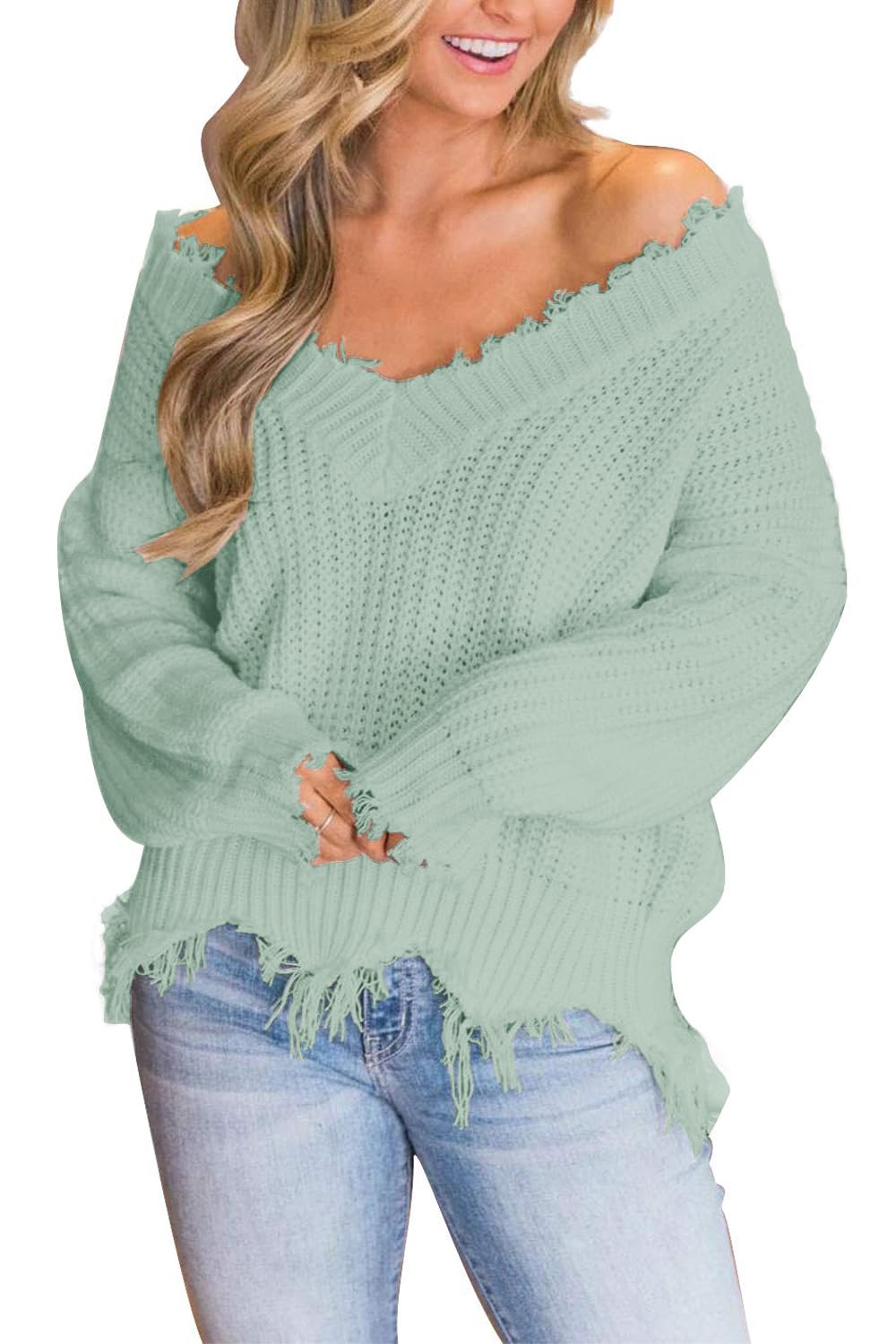 LAMISSCHE Womens Loose Knitted Off The Shoulder Sweater Solid V Neck Long Sleeve Pullover Ripped Crop Top