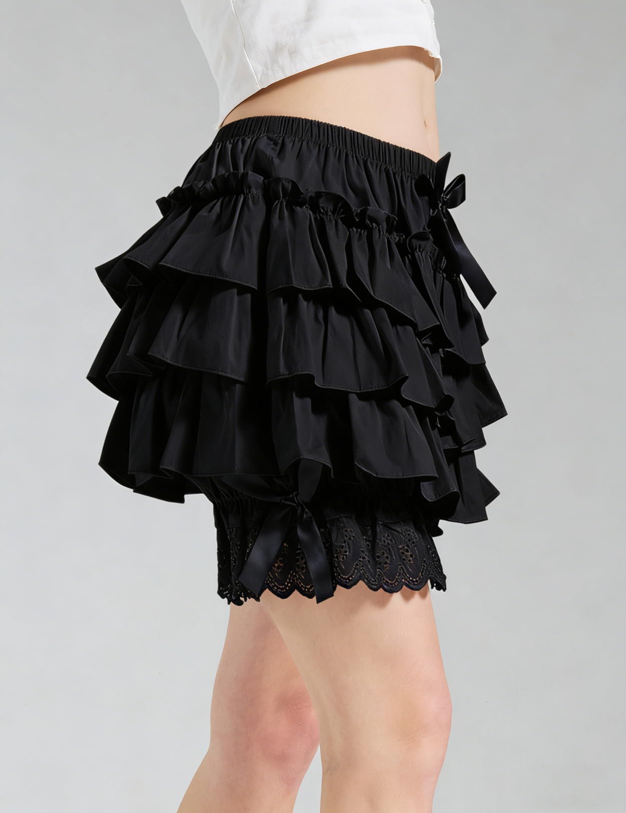 BEAUTELICATE Damskie szorty Bloomers 100% bawełna retro czółenka z falbankami szorty Pumpkin Pantaloons Pettipants z kokardką kość słoniowa czarne