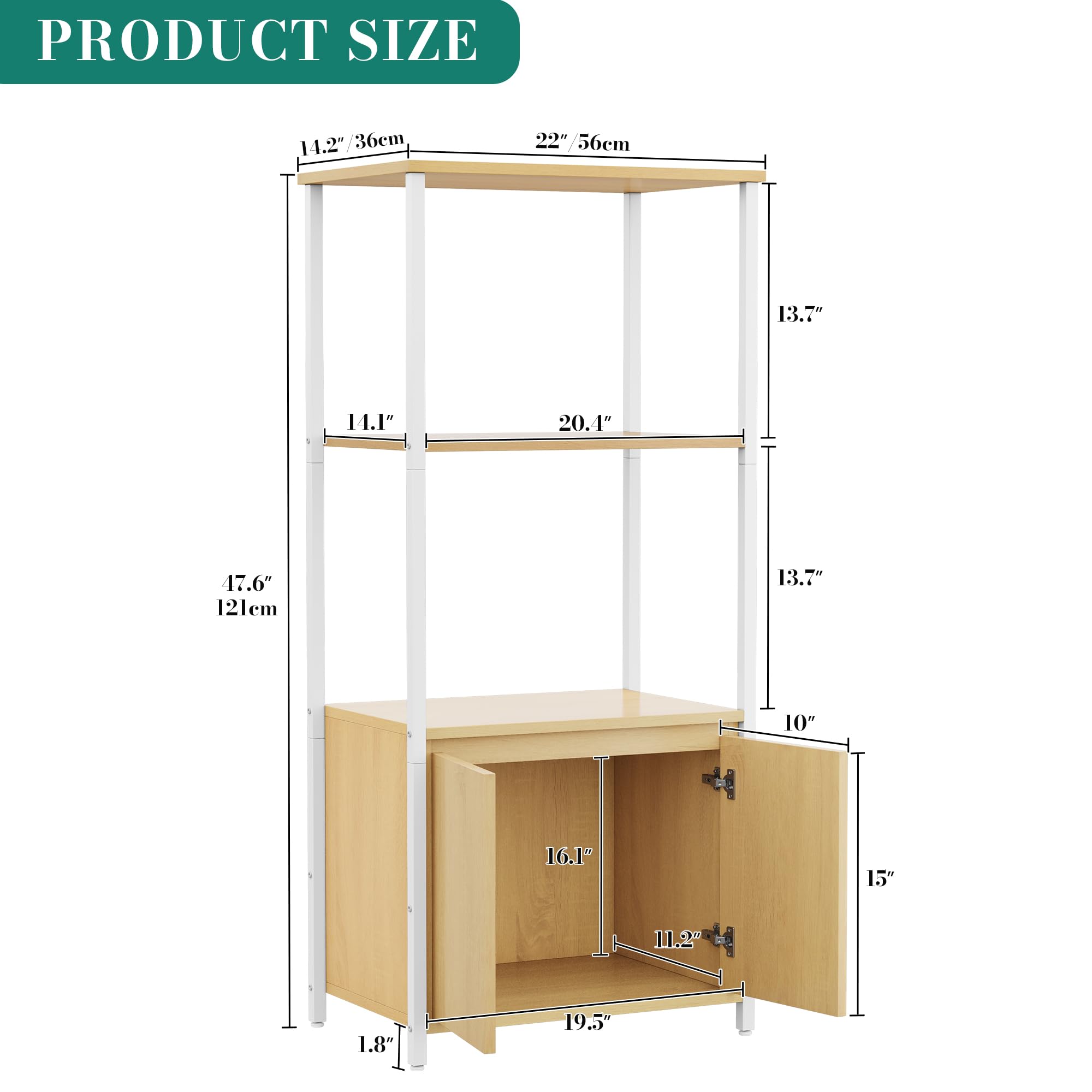 YITAHOME mensole da cucina, mensola per microonde, rack per panettieri per cucine con stoccaggio, stazione bar caffè, stand snack a 3 livelli con armadio, 55,9 x 36,1 x 120,9 cm, tavola di quercia