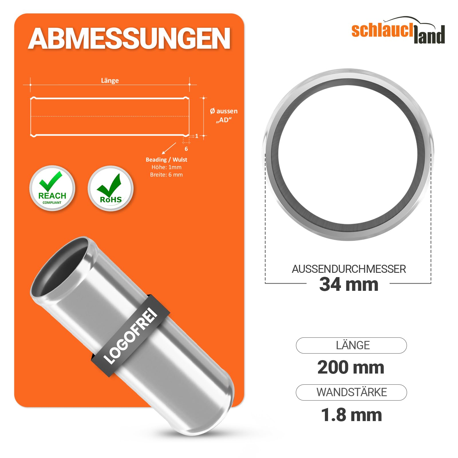 5 Stück 20cm Alu-Rohr AD-Ø 34mm Blau Alurohr poliert & gebördelt | AUSWAHL 1-10 Stück & 13-200 mm Durchmesser | Aluminium Rohr Motor KFZ LLK Turbo Kühler Silikon-Schlauch Verbinder | PREMIUM
