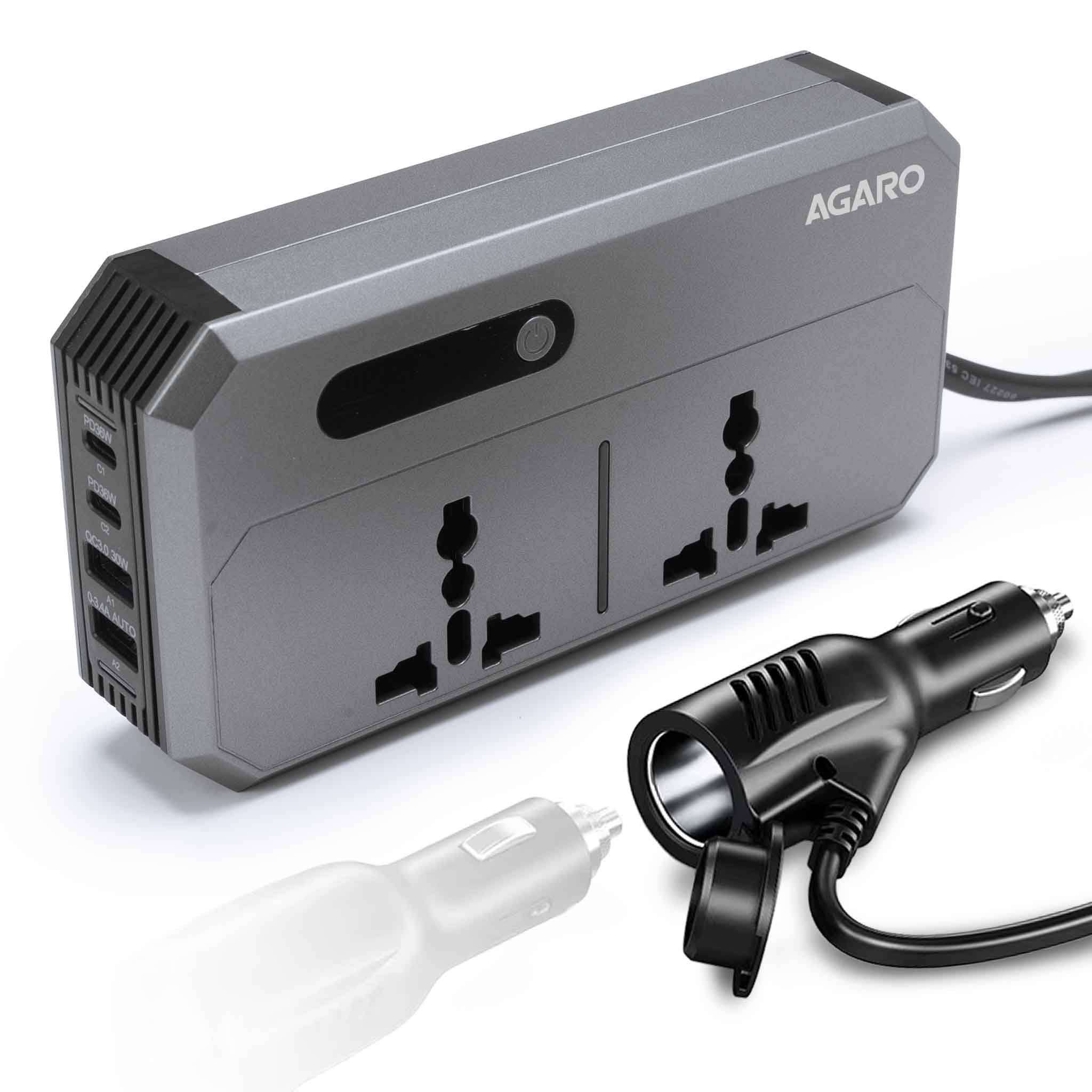 agaro elite 200w car power inverter, 7-in-1 converter with pd36w type-c, qc3.0 30w usb-a, 2 ac outlets, car outlet, master switch & lcd display for laptops & phones