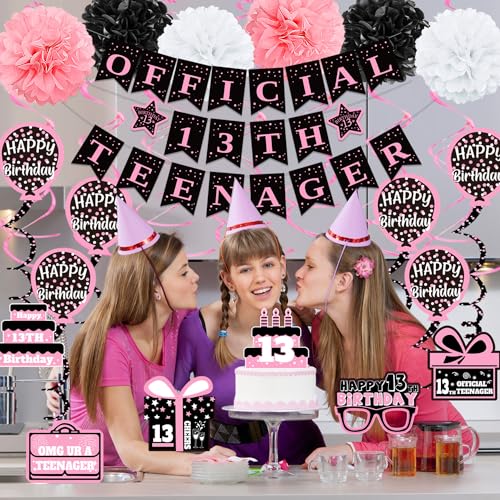 Image of 13th Birthday Decorations for Girls, Pink Black Official 13th Teenager Banner Party Decorations, Happy Thirteen Birthday Decor Double-Sided Card Pompoms Hanging Swirls for 13 Years Girls Gifts 48pcs