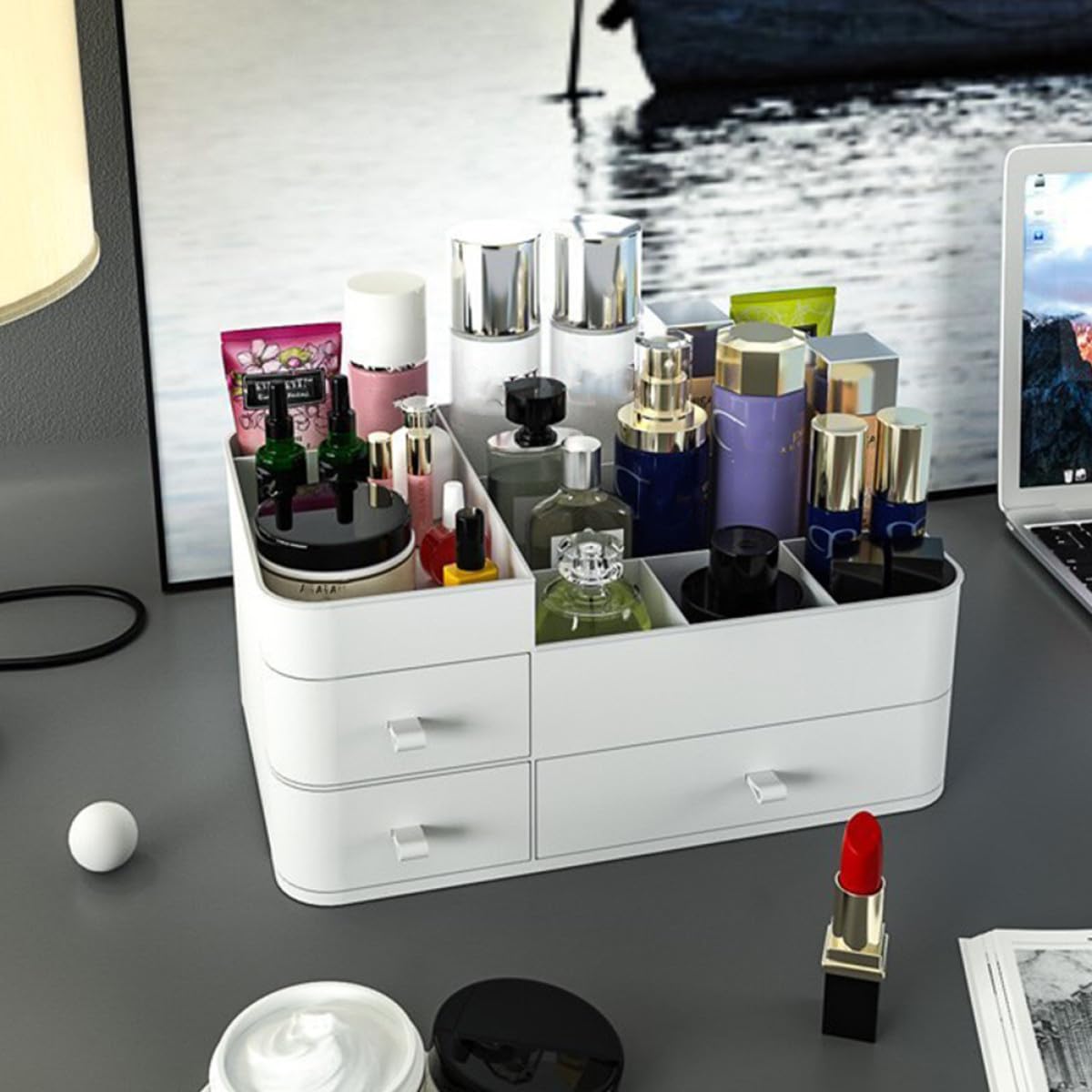 Gatuida Organizzatore per Trucco da Tavolo in Plastica Pp con Cassetti e Scomparti Multipli, Scatola Porta Cosmetici e Rossetti per Uso Domestico Bianco