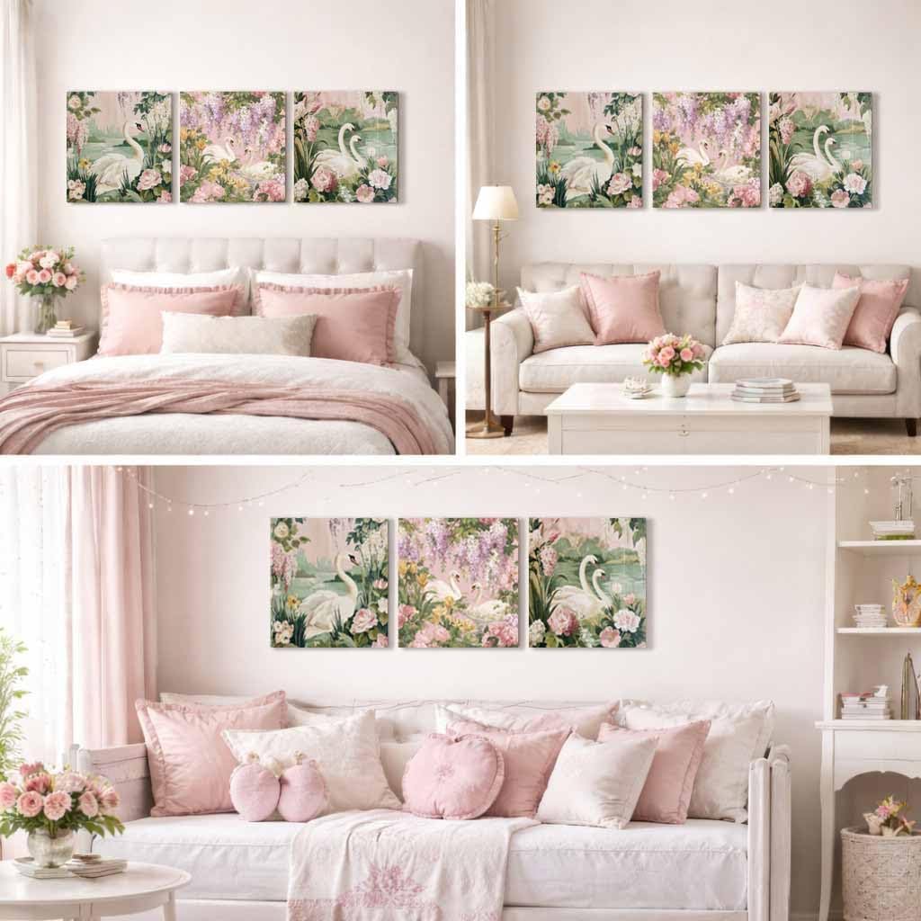 Artiluxy 3 Piece Swan Canvas Wall Art 12x12 Inch Each, Pink Floral Lake Wall Decor Set, Romantic Cottagecore Botanical Prints for Bedroom Living Room, Ready to Hang (Swan Pink)
